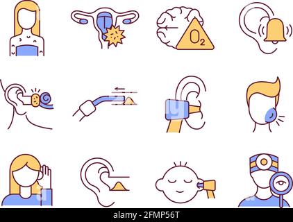 Ear diseases RGB color icons set Stock Vector