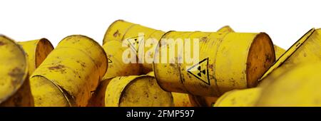 radioactive waste in a pile of barrels, isolated on white background Stock Photo