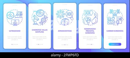 Genetic diseases testing navy onboarding mobile app page screen with concepts Stock Vector