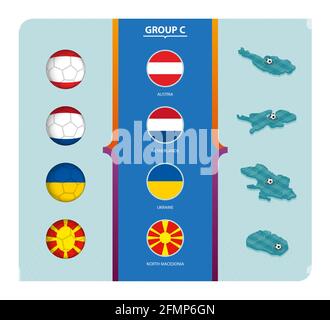 Flags and isometric map with football field of Group C. Vector collection. Stock Vector