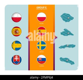 Flags and isometric map with football field of Group E. Vector collection. Stock Vector