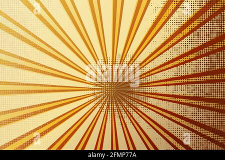 Retro rays comic yellow and brown background raster gradient halftone and dotted shades pop art style. Vector illustration eps 10 cartoon vintage styl Stock Vector