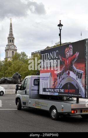 Westminster, London, UK. 11th May 2021. A billboard for Scotland Matters campaign against the SNP and a second referendum drives around Westminster. Credit: Matthew Chattle/Alamy Live News Stock Photo
