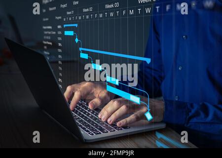 Project manager working on Gantt chart to update the schedule, tasks and milestones progress for the team. Management diagram on computer screen with Stock Photo