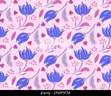 Blue flower on pink background. Seamless pattern. Vector floral bright pattern for wrapping paper, fabric, cloth, cover. Vector illustration. Stock Vector