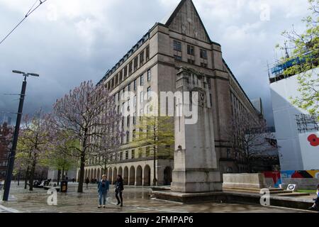 Manchester Town Hall Extension and Cenotaph in St Peter's Square with Paulownia tomentosa trees in bloom Stock Photo