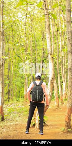 A 18-25 year old man wearing cap and standing in a forest with a bag. Full back side view of an Indian man. Stock Photo