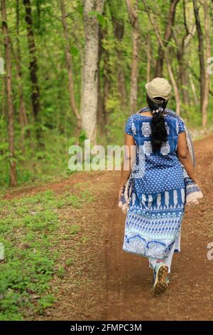 Backside view of a middle aged (40-45 yr old) woman walking in a forest wearing cap. Stock Photo