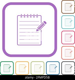 Spiral notepad with pencil simple icons in color rounded square frames on white background Stock Vector