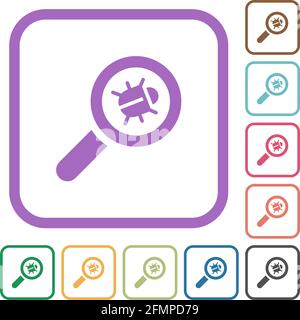 Bug tracking simple icons in color rounded square frames on white background Stock Vector