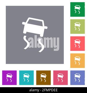 Slippery road dashboard indicator flat icons on simple color square backgrounds Stock Vector