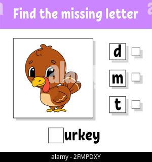 Find the missing letter. Education developing worksheet for kids. Activity page. Cartoon character. Stock Vector