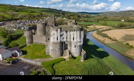 Aerial view of Kidwelly Castle, Carmarthenshire Stock Photo