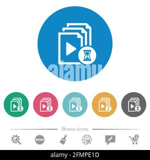 Preparing playlist flat white icons on round color backgrounds. 6 bonus icons included. Stock Vector