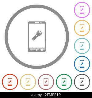 Mobile flashlight flat color icons in round outlines on white background Stock Vector