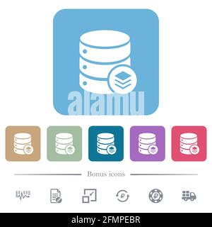 Database layers white flat icons on color rounded square backgrounds. 6 bonus icons included Stock Vector