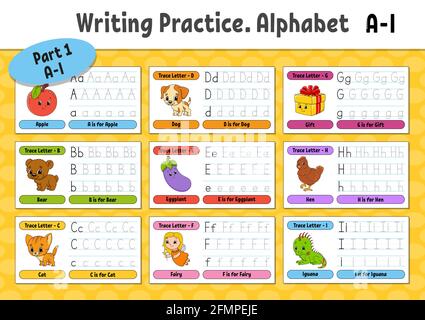 Writing letters. Set tracing page. Practice sheet. Worksheet for kids. Learn alphabet. Cute characters. Vector illustration. Cartoon style. Stock Vector