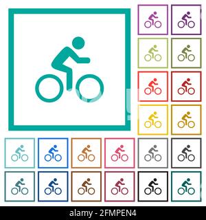Bicycle with rider flat color icons with quadrant frames on white background Stock Vector
