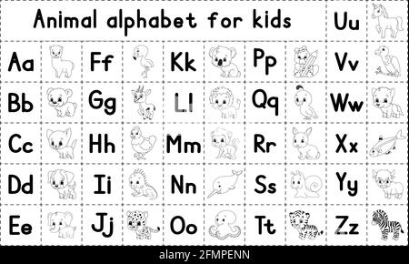 English alphabet with cartoon characters. Coloring page. Vector set. Learn ABC. Lowercase and uppercase letters. Stock Vector