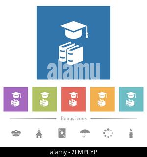 Graduation cap with books flat white icons in square backgrounds. 6 bonus icons included. Stock Vector