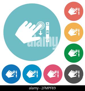 Left handed scroll down gesture flat white icons on round color backgrounds Stock Vector