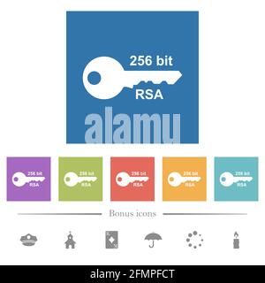 256 bit rsa encryption flat white icons in square backgrounds. 6 bonus icons included. Stock Vector
