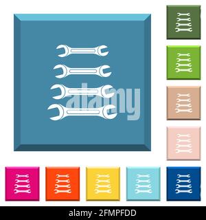 Set of wrenches white icons on edged square buttons in various trendy colors Stock Vector