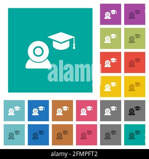 Distance learning multi colored flat icons on plain square backgrounds. Included white and darker icon variations for hover or active effects. Stock Vector