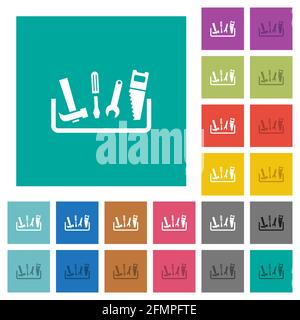 Toolbox multi colored flat icons on plain square backgrounds. Included white and darker icon variations for hover or active effects. Stock Vector