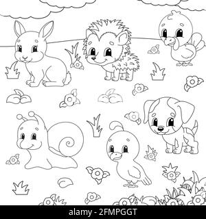 Coloring book for kids. Animal clipart. Cheerful characters. Vector illustration. Cute cartoon style. Black contour silhouette. Isolated on white back Stock Vector