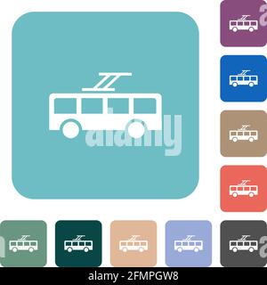 Trolley bus white flat icons on color rounded square backgrounds Stock Vector