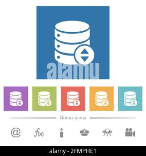 Adjust database value flat white icons in square backgrounds. 6 bonus icons included. Stock Vector
