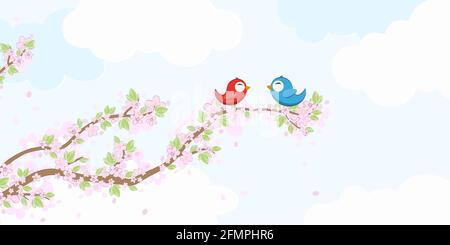 eps vector file with red and blue colored birds in love, flying and sitting on branches with blossoms and green leaves in spring time, background with Stock Vector