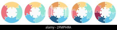 eps vector illustration of round colored puzzle collection symbolizing cooperation or teamwork process with white base, different numbers options idea Stock Vector
