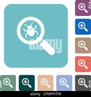 Bug tracking white flat icons on color rounded square backgrounds Stock Vector