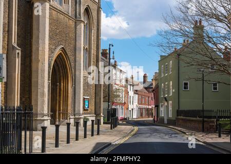 Harwich Essex, view of the entrance to St Nicholas Church and period property lining Church Street in the old town area of Harwich, Essex, England, UK Stock Photo