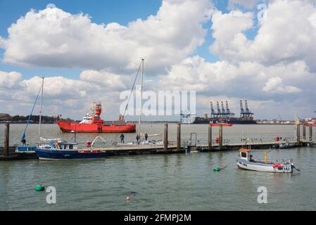 Harwich harbour, view of the harbour in Harwich with Felixstowe docks visible in the distance across the River Stour estuary, Essex, England, UK Stock Photo