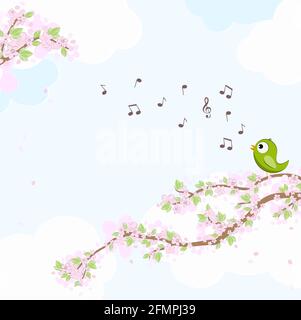 eps vector file with green colored bird in love, sitting on branches with blossoms and green leaves in spring time, singing with musical notes, backgr Stock Vector