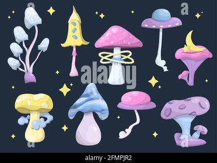 Set of vector magic mushrooms. Space cartoon mushrooms. Colorful illustrations of space with flying saucers, planets and stars. Banner, advertisement Stock Vector