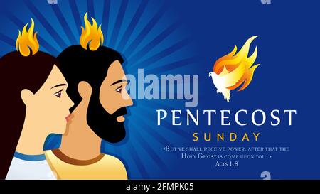Pentecost Sunday man and women with Holy Spirit dove. Invitation vector banner template from service of Pentecost text and apostles with flame Stock Vector