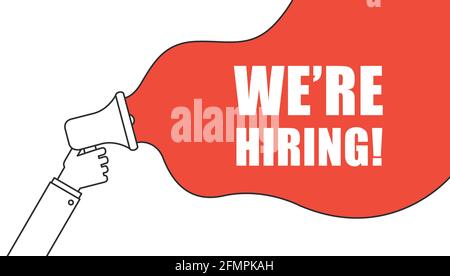 We're Hiring. Join Our Team and Megaphone on Speech Bubble Flat Stock Vector