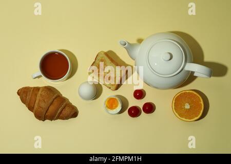Concept of tasty breakfast on beige background, top view Stock Photo