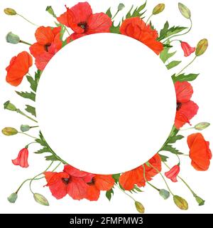 Watercolor round frame of red poppies, wildflowers composition, wedding invitation element. Stock Photo