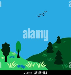 Summer landscape with grass and flowers in the foreground and a flying flock of birds in the background. Stock Vector
