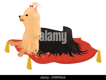 Yorkshire terrier with red bow laying on pillow isolated on white. Vector cartoon illustration of resting small dog. Stock Vector