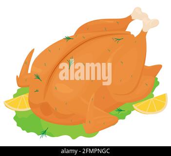 Whole stuffed fried, roasted chicken with orange crispy crust, cartoon vector illustration isolated on white background. Delicious meat dish with seas Stock Vector