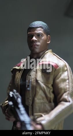 Bangkok Thailand. April 30 2018. Star Wars figure. Finn standing and his weapon. Finn toy figures characters model. Starwars Hasbro action figure. Stock Photo