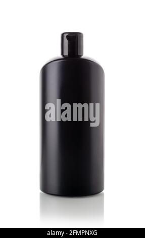 Black plastic bottle for shower gel or shampoo isolated on white background. Cosmetic container without label for beauty product design and body care. Stock Photo