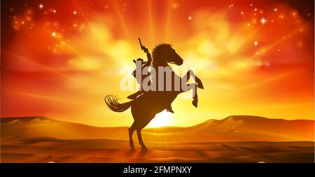 Cowboy Riding Horse Silhouette Sunset Background Stock Vector