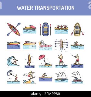 Water transportation line icons set. Isolated vector element. Outline pictograms for web page, mobile app, promo. Editable stroke. Stock Vector